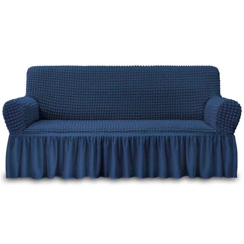 NICEEC Sofa Slipcover Blue Sofa Cover 1 Piece Easy Fitted Sofa Couch Cover Universal High Stretch Durable Furniture Protector with Skirt Country Style (3 Seater Navy Blue)