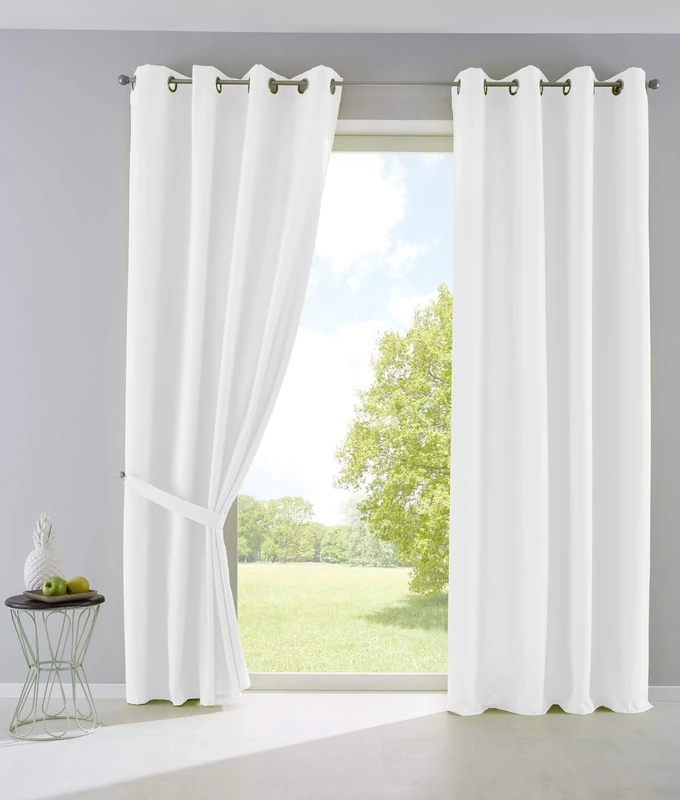 Gardinenbox Palermo 10000265-2 Set of 2 Opaque Curtains Matt Translucent with Eyelets and Tie Backs Decorative Curtain H x W 245 x 140 cm White
