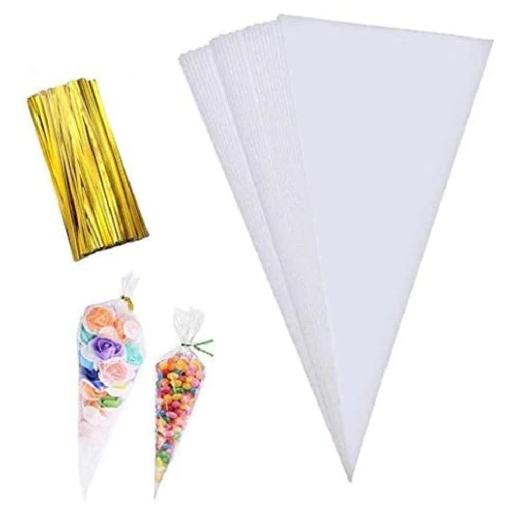 Maouywiee Cone Bag 100 PCS Clear Cello Treat Bags Popcorn Bags Triangle Goody Bags with Twist Ties for Candies Handmade Cookies (5.1" X 9.8")
