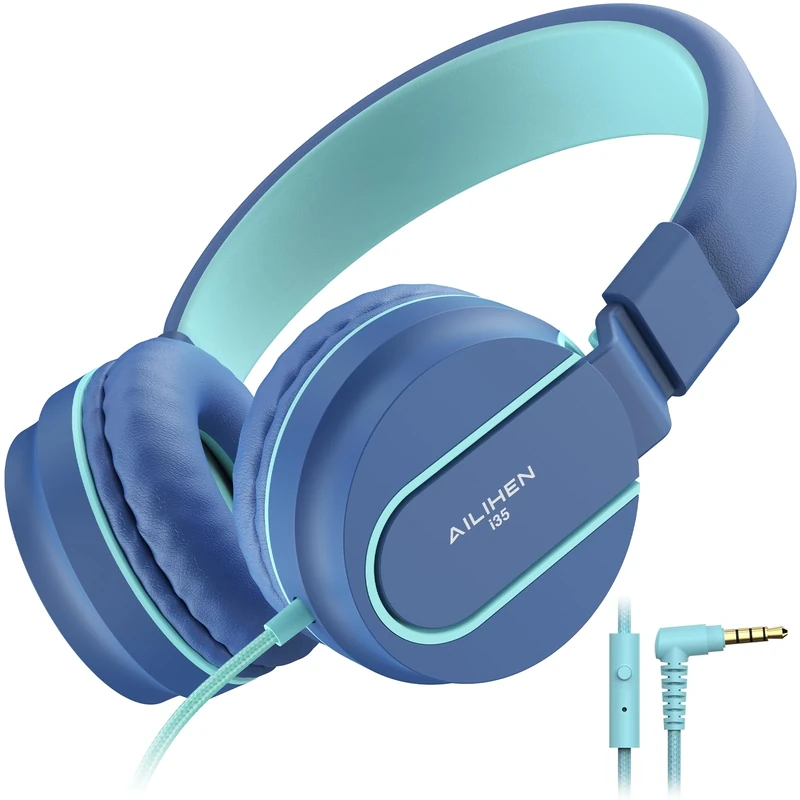 Ailihen I35 Kid Headphones with Microphone Volume Limited 93dB Children Girls Boys Teen Lightweight Foldable Wired Headset for School Online Course Chromebook Cellphones Tablets (Blue)