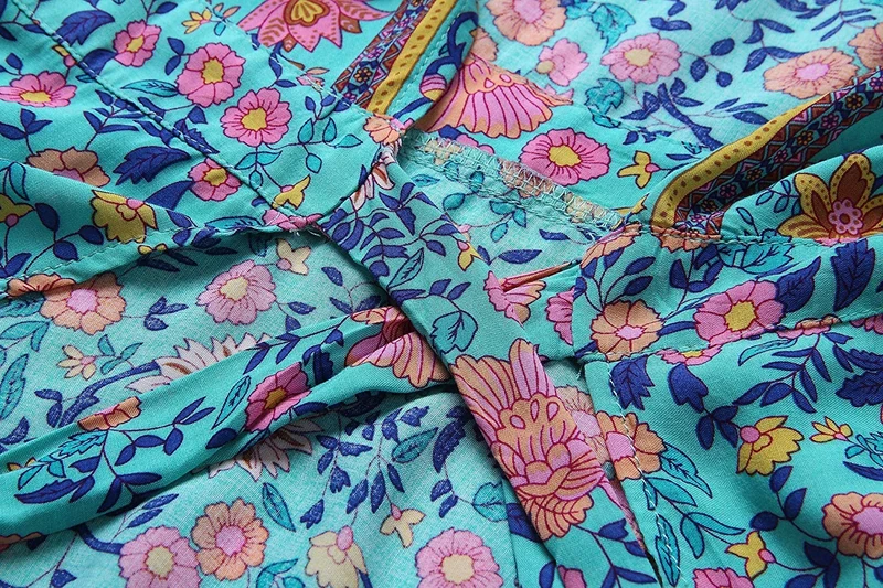 Women's Bohemian Floral Printed Wrap V Neck Short Sleeve Split Beach Party Maxi Dress