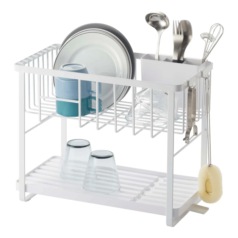 Yamazaki 4386 TOWER 2-Level Dish Drainer Rack, white, Steel/ABS Resin/Polypropylene/Silicone, Minimalist, 41 x 22 x 33 cm