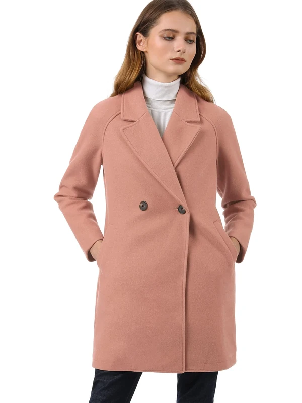 Allegra K Women's Notched Lapel Double Breasted Raglan Winter Coats Dark Pink L