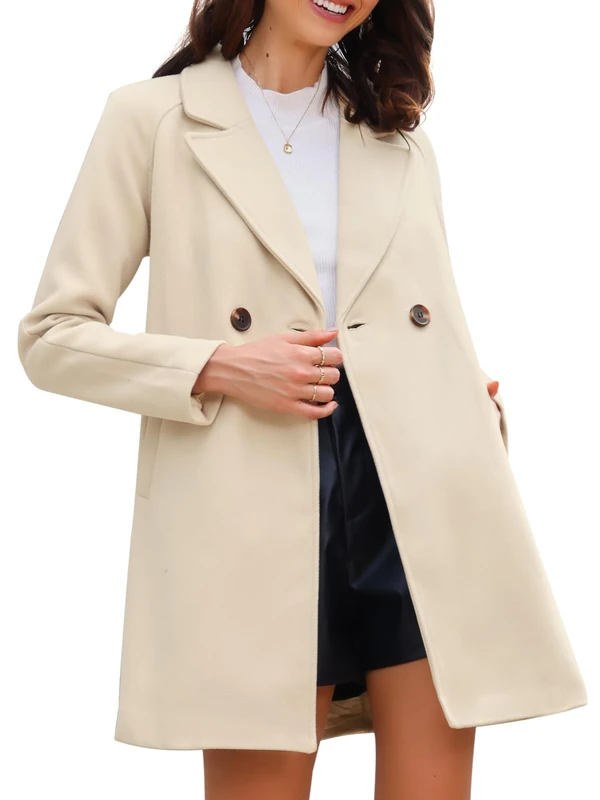 Allegra K Women's Notched Lapel Double Breasted Raglan Winter Coats Cream White S