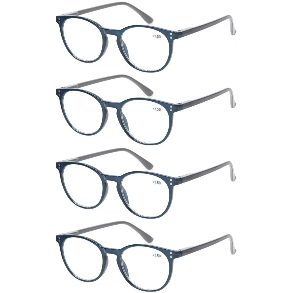 Kerecsen 4 Pack Retro Round Reading Glasses Men Women Spring Hinges Lightweight Quality Readers (0.75, 4 Pack Blue)