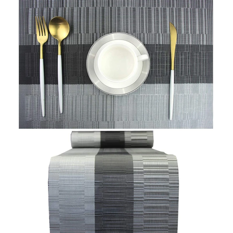 PIGCHCY Elegant Placemats with Matching Table Runner,Washable Durable Vinyl Woven Table Mats Sets(6pcs Placemats+1pcs Table Runner, Black)