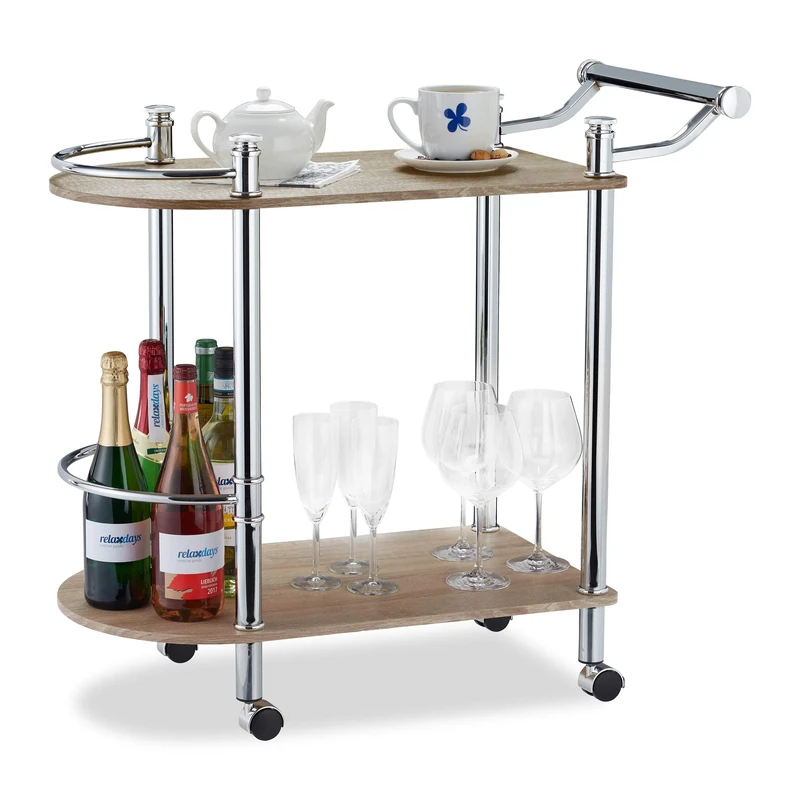 Relaxdays 2-Tier Serving Cart, Wood Look, MDF and Steel, 4 Casters, With Handle, Bar Cart, HxWxD 76 x 39 x 82 cm, Brown