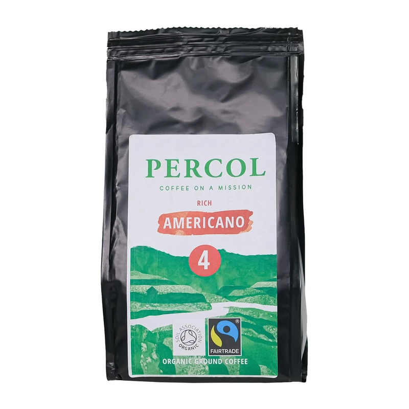 Percol - Rich Americano Blend Ground Coffee (6x200g), 100% Fairtrade Organic Hand-Picked Arabica Beans, Milk Chocolate & Walnut Notes, Strength 4, Sustainable, Plastic-Free Eco Pouch, Compostable Bag
