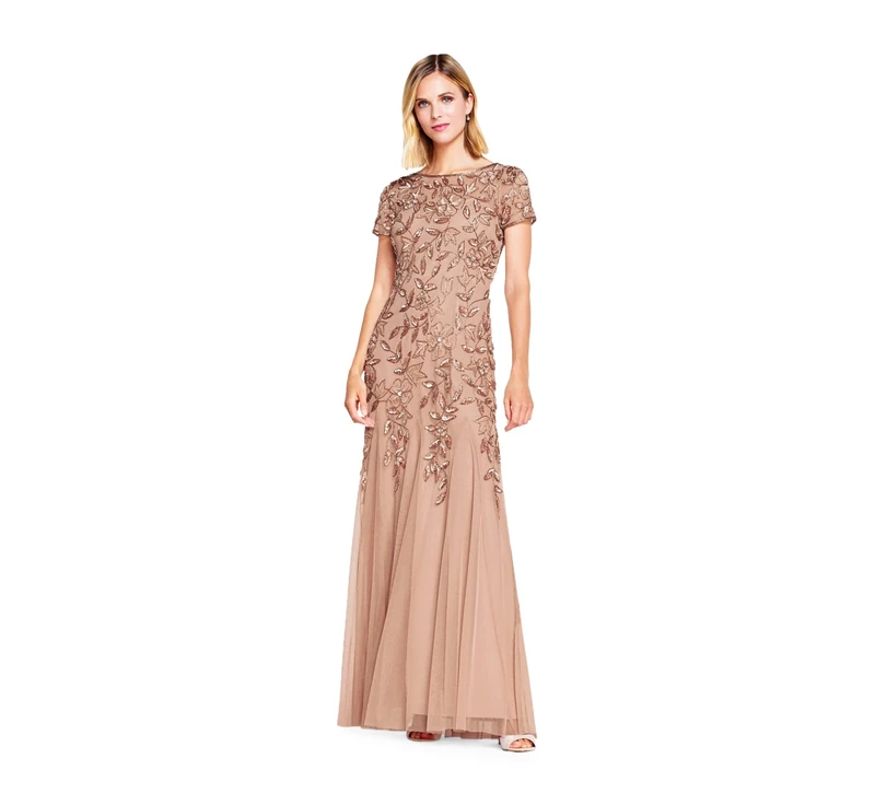 Adrianna Papell Women's Short-Sleeve Floral Beaded Godet Gown Formal Night Out Dress, Rose Gold, 8