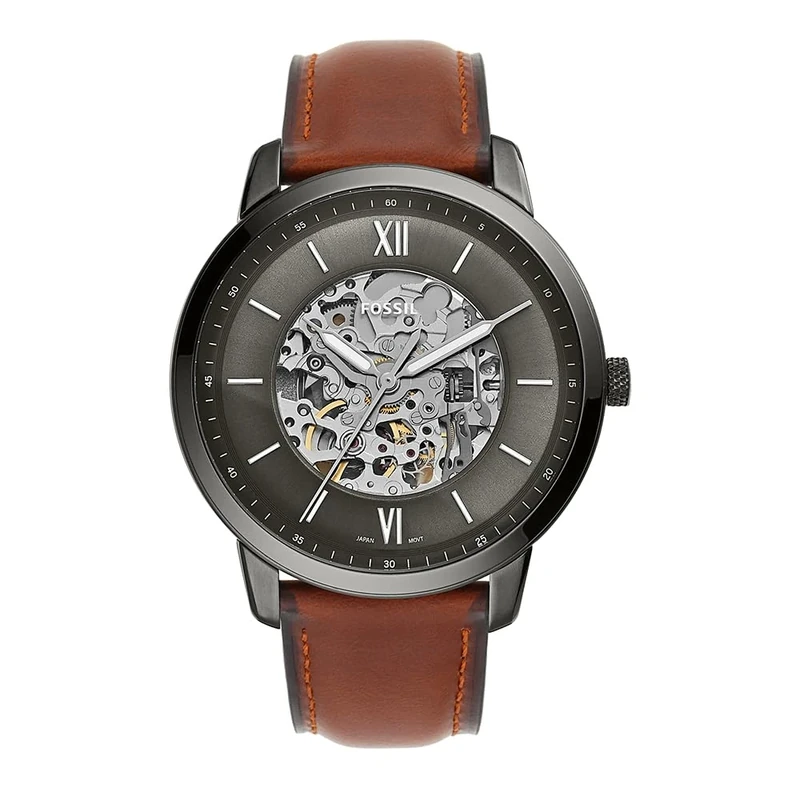 Fossil Watch for Men Neutra Auto, Mechanical Automatic Movement, 44 mm Smoke Stainless Steel Case with a Leather Strap, ME3161