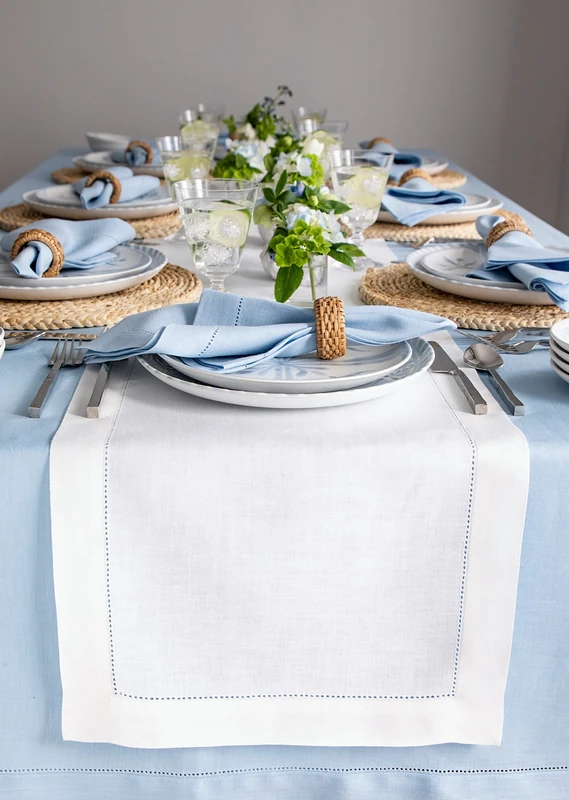 Solino Home Linen White Table Runner 132 Inches Long - 100% Pure Linen Extra Long Table Runner 14 x 132 Inch for Summer - Classic Hemstitch