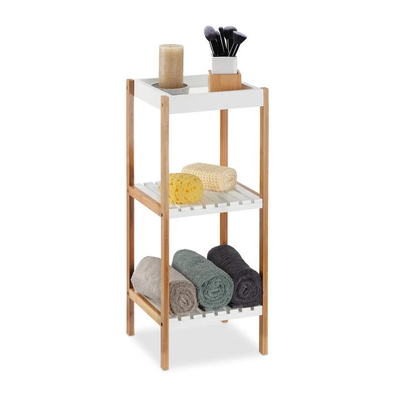 Relaxdays 3-Tier Bathroom Shelf, Free Standing, Open Bamboo Kitchen Rack, MDF, No Drilling, HWD: 72x30x29 cm, Natural/White