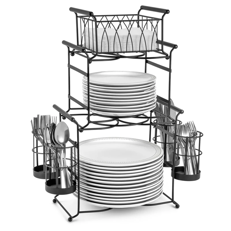 Sorbus Buffet Caddy — 7-Piece Stackable Set Includes Plate, Napkin, and Silverware Holder, 3-Tier Detachable Tabletop Organizer — Ideal for Kitchen, Dining, Entertaining, Parties,Thanksgiving (Black)