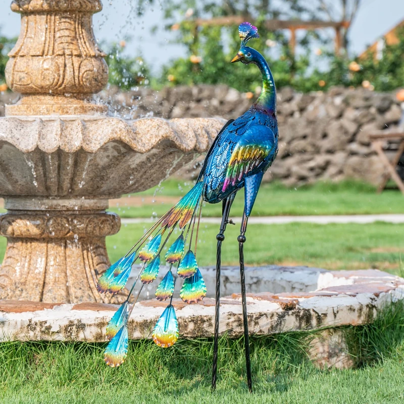 TERESA'S COLLECTIONS 35 inch Metal Peacock Garden Sculptures and Statues, Standing Peacock Yard Art for Outdoor Decor, Bird Lawn Ornament for Outside Backyard Porch Patio Decorations