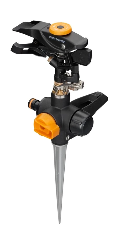 Fiskars pulsating sprinkler with ground spike, with on/off valve, universal size, Ø 26 m range, black/orange, 1027029