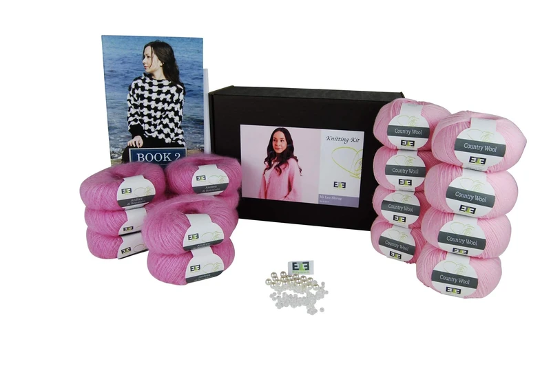 DesignEtte Mi Lee Shrug Adults Knitting Kit Jumper 100 Percent Superkid Mohair Wool and Silk Yarn Balls and Pattern in One Craft Box 4ply Pro Set Pink, S-L