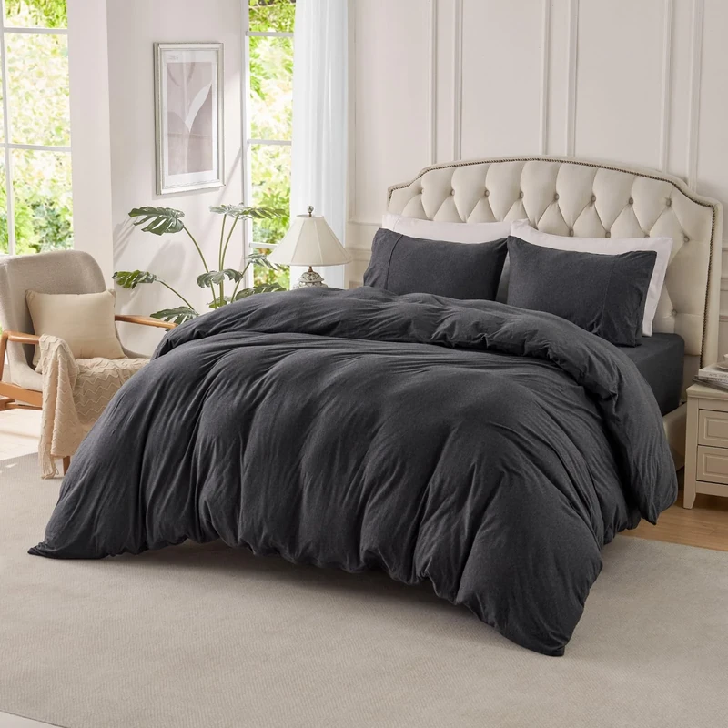 PURE ERA Jersey Knit Duvet Cover Set 100% T-Shirt Cotton Super Soft Comfy 3pc Bedding Set with Zipper Closure (Heather Charcoal Grey, King)