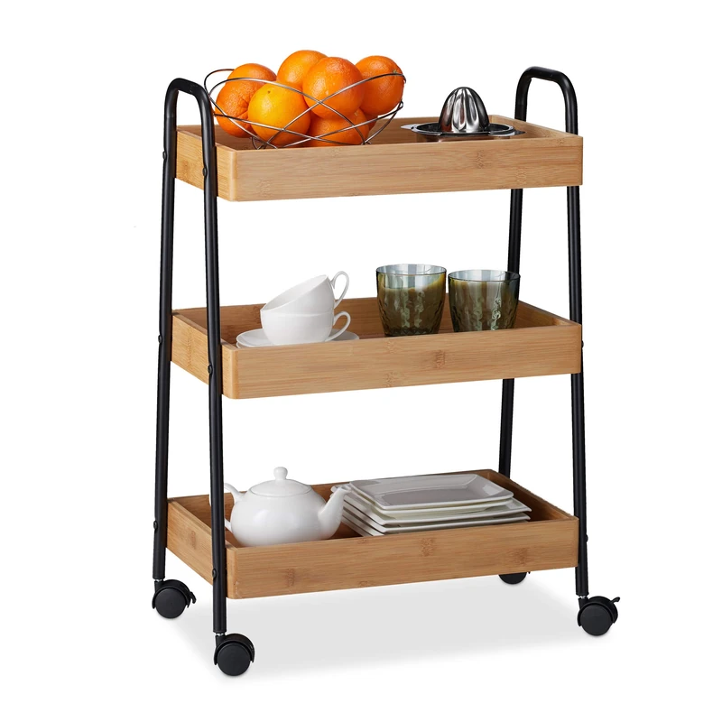 Relaxdays Bamboo Serving Cart, 3 Tiers, 360° Rotating Wheels, Handles, Steel Frame, HWD 70x49x28 cm, Natural/Black