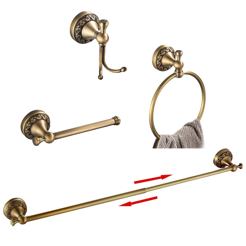 BATHSIR Antique Brass Towel Bar Set, Adjustable Bathroom Accessories Include Expandable Towel Holder Toilet Paper Holder Towel Ring Robe Hook Retro Carved Style Hardware 4 Piece Wall Mount