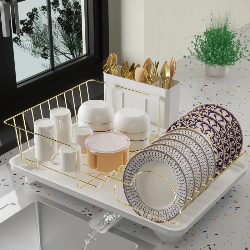 Buruis Dish Drying Rack, Gold Dish Drainer Organizer Includes Removable Drain Board and Utensil Holder, Large Capacity Metal Dish Racks for Kitchen (White)