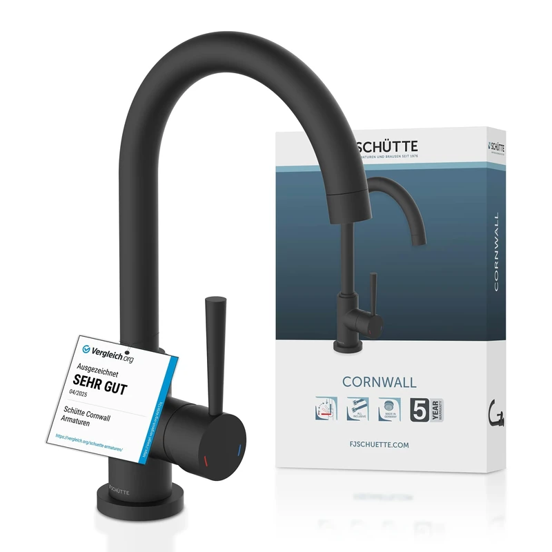 SCHÜTTE Cornwall Kitchen Tap, 360 Degree Swivel, Single Lever Mixer, Matte Black