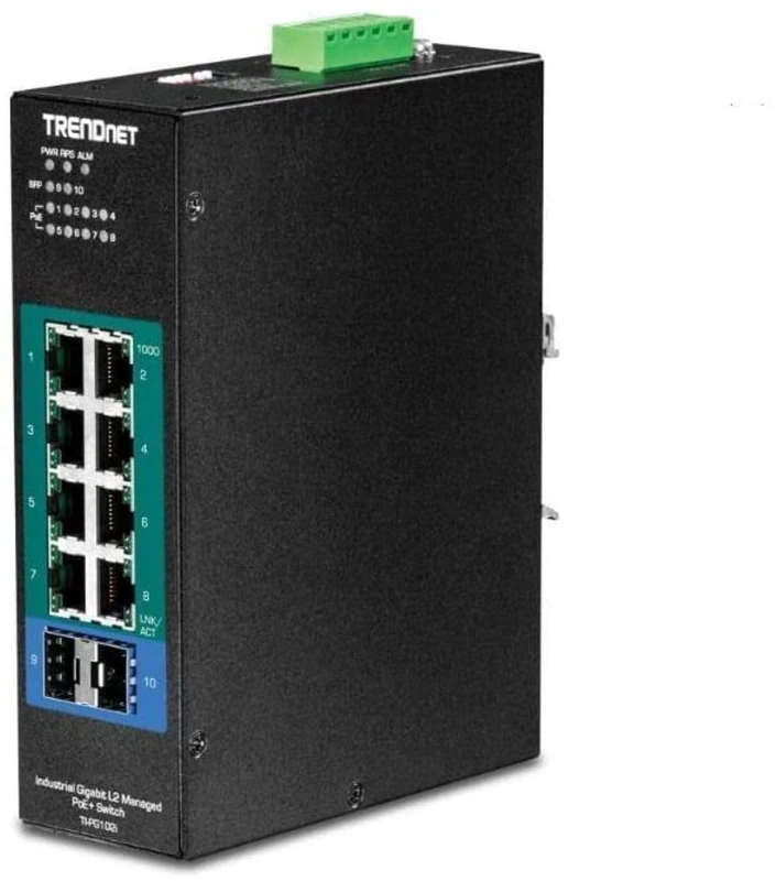 TRENDnet 10-Port Industrial Gigabit L2 Managed PoE+ DIN-Rail Switch, TI-PG102i, 8 x Gigabit PoE+ Ports, DIN-Rail Mount, 2 x SFP Slots, 24–57 V DC Power Input, IP30, VLAN, QoS