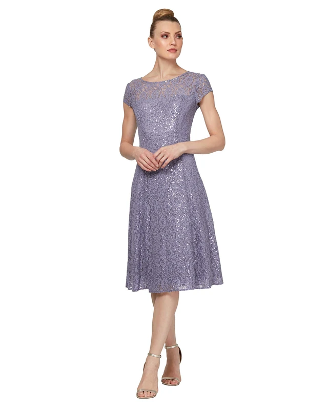 S.L. Fashions Women's Short Sleeve Tea Length Fit and Flare Dress (Petite Missy) Special Occasion, Mystic Heather Sequin, 18