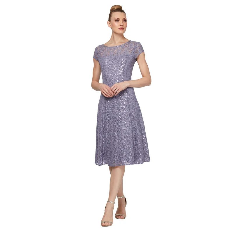 S.L. Fashions Women's Short Sleeve Tea Length Fit and Flare Dress (Petite Missy) Special Occasion, Mystic Heather, 14