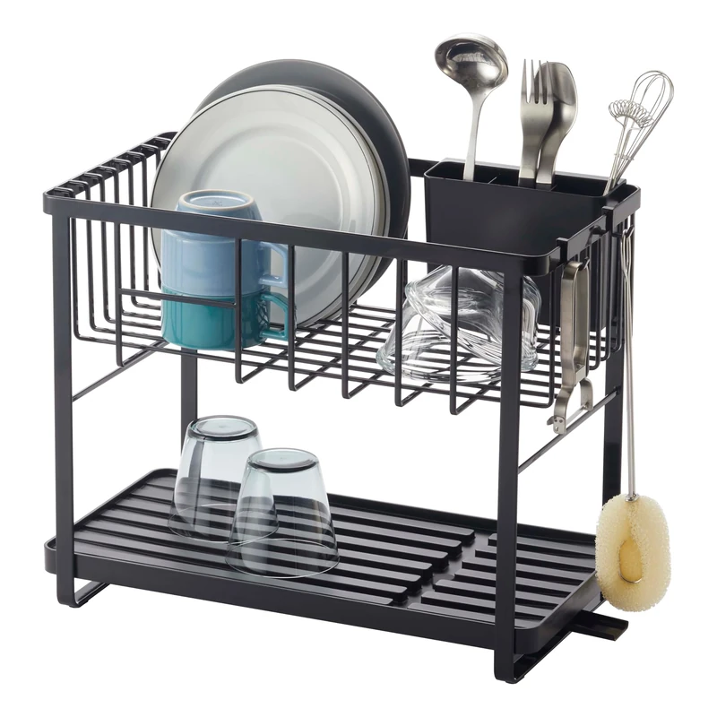 YAMAZAKI 4387 TOWER 2-Level Dish Drainer Rack, black, Steel/ABS Resin/Polypropylene/Silicone, Minimalist, 41 x 22 x 33 cm