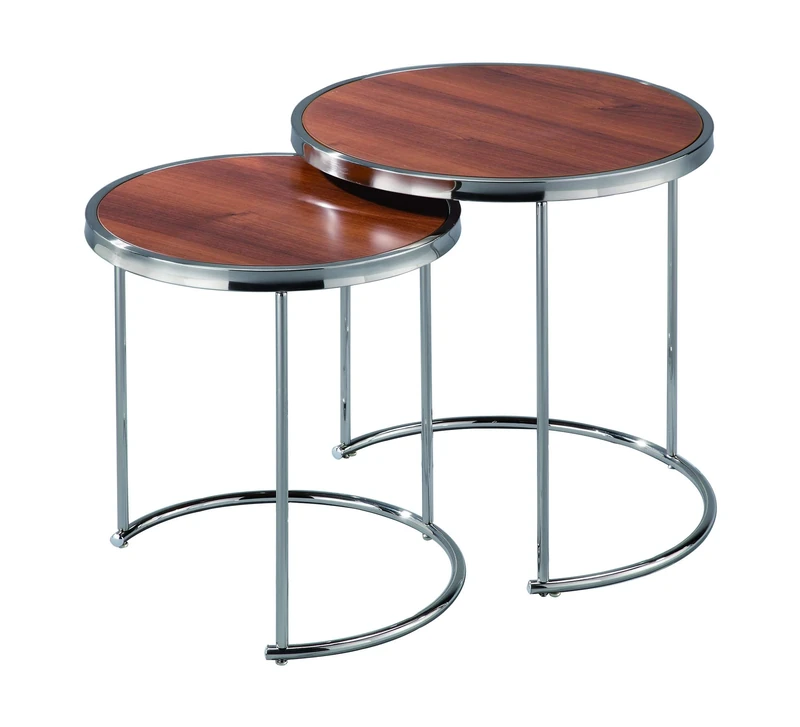 ASPECT Visio Set of 2 Round Nesting Table-Walnut Effect Top/Chrome Frame, Metal L 50 S :42 Dia x 45(H) cm