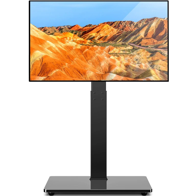 Universal Floor TV Stand Base with Swivel Height Adjustable Mount for 32 37 43 47 50 55 60 65 70 Inch Plasma LCD LED OLED Flat or Curved Screen TVs, Black Tempered Glass Base for Media Storage