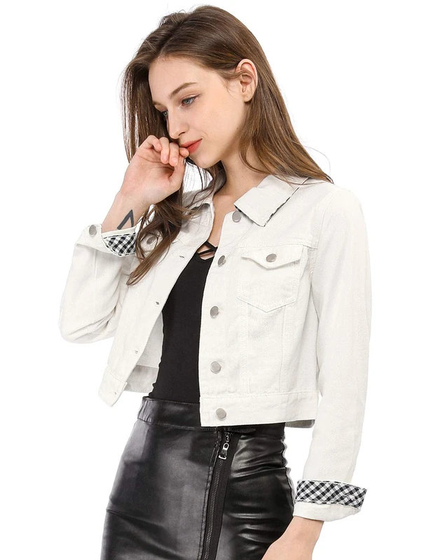 Allegra K Women's Slim Fit Button Down Long Sleeves Casual Cropped Denim Jean Jacket White S