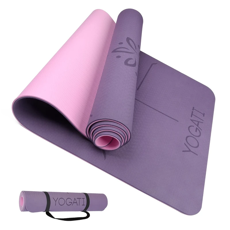 YOGATI Yoga Mat. Thick, Non-Slip, Eco-Friendly Exercise & Fitness Mat with Body Alignment Lines. Purple