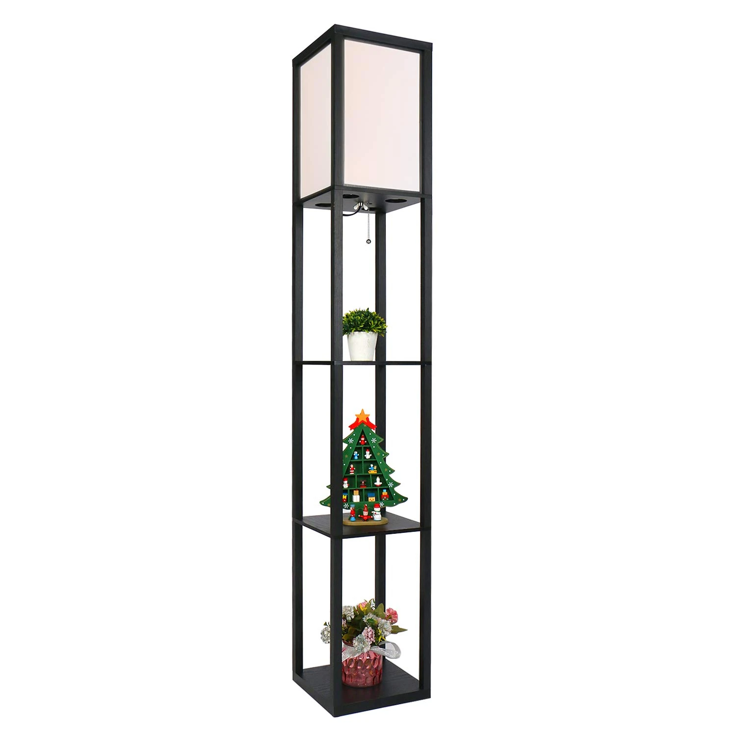 PULUOMIS Floor Lamp with Shelves, 3 Layers Wooden Shelf Standing Light, Modern Reading Lamp for Bedroom, Living Room, Office, Home Decoration (Size:26x 26x 160 cm) (Without Bulb)-Black