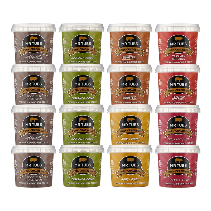 Mr Tubs Mixed Tubs Pack Pork Crackling - Mixed Flavours - Premium Double Hand Cooked - Ideal Low Carb, Keto & Paleo Friendly Snack (Pack of 16)