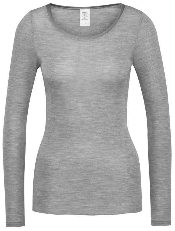 CALIDA True Confidence Women's Long-Sleeved Shirt, Made of Wool Silk, Fine Rib, Temperature Balancing and Odour-Neutralising, Platinum Melé_, 14-16