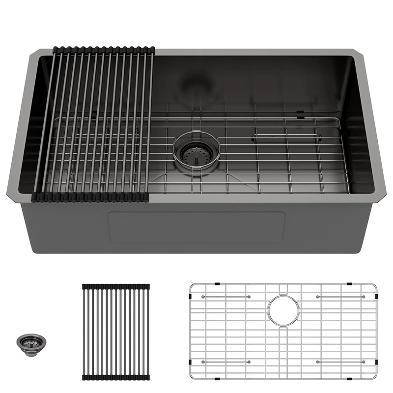 Lordear 32 Black Kitchen Sink Undermount 32x19x10 Inch Gunmetal Black 16 Gauge Stainless Steel Single Under Counter Rectangular Handmade Sinks Basin