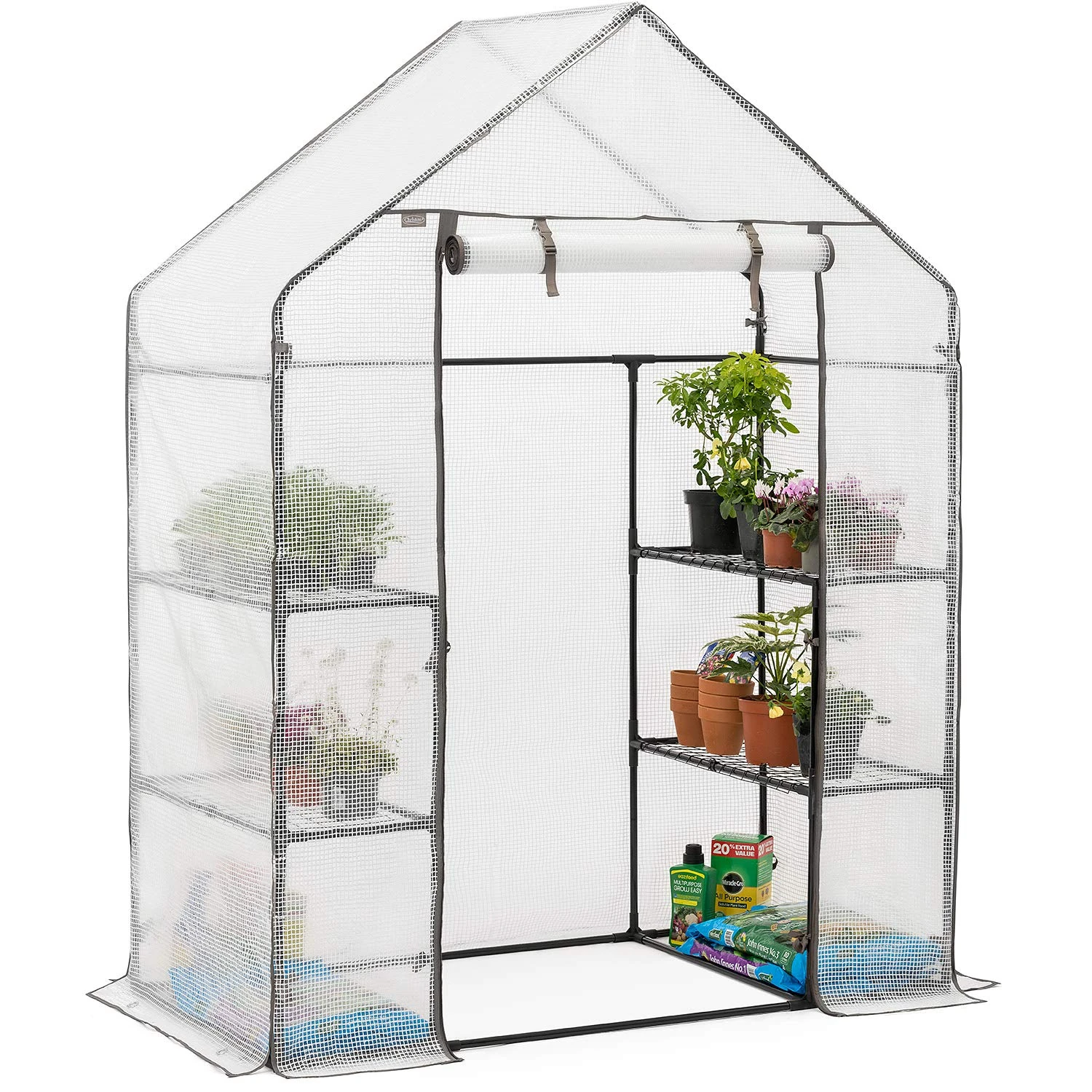 Christow Walk In Greenhouse With Shelves, Large Reinforced Green House With Tubular Steel Frame, 4 Shelf Heavy Duty Growhouse, 6ft 4in x 4ft 7in x 2ft 4in