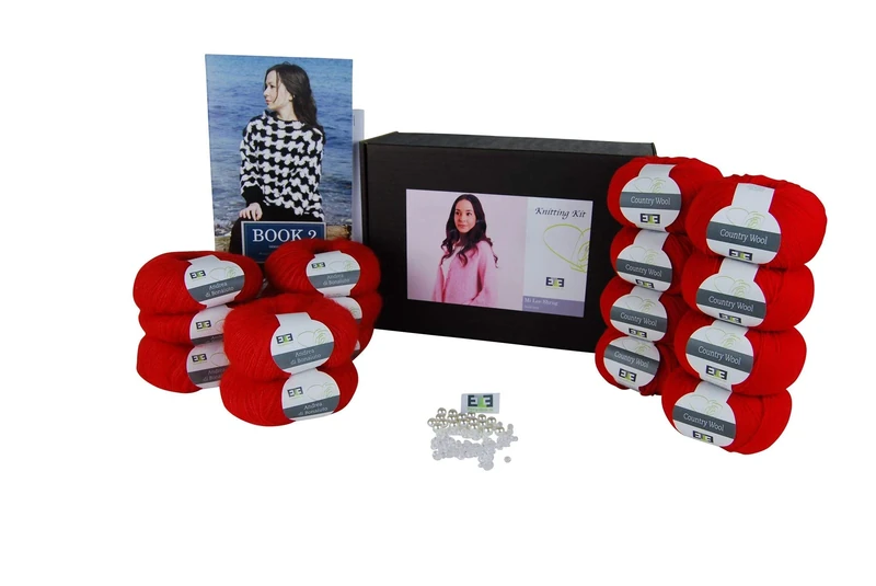 DesignEtte Mi Lee Shrug Adults Knitting Kit Jumper 100 Percent Superkid Mohair Wool and Silk Yarn Balls and Pattern in One Craft Box 4ply Pro Set Red, S-L