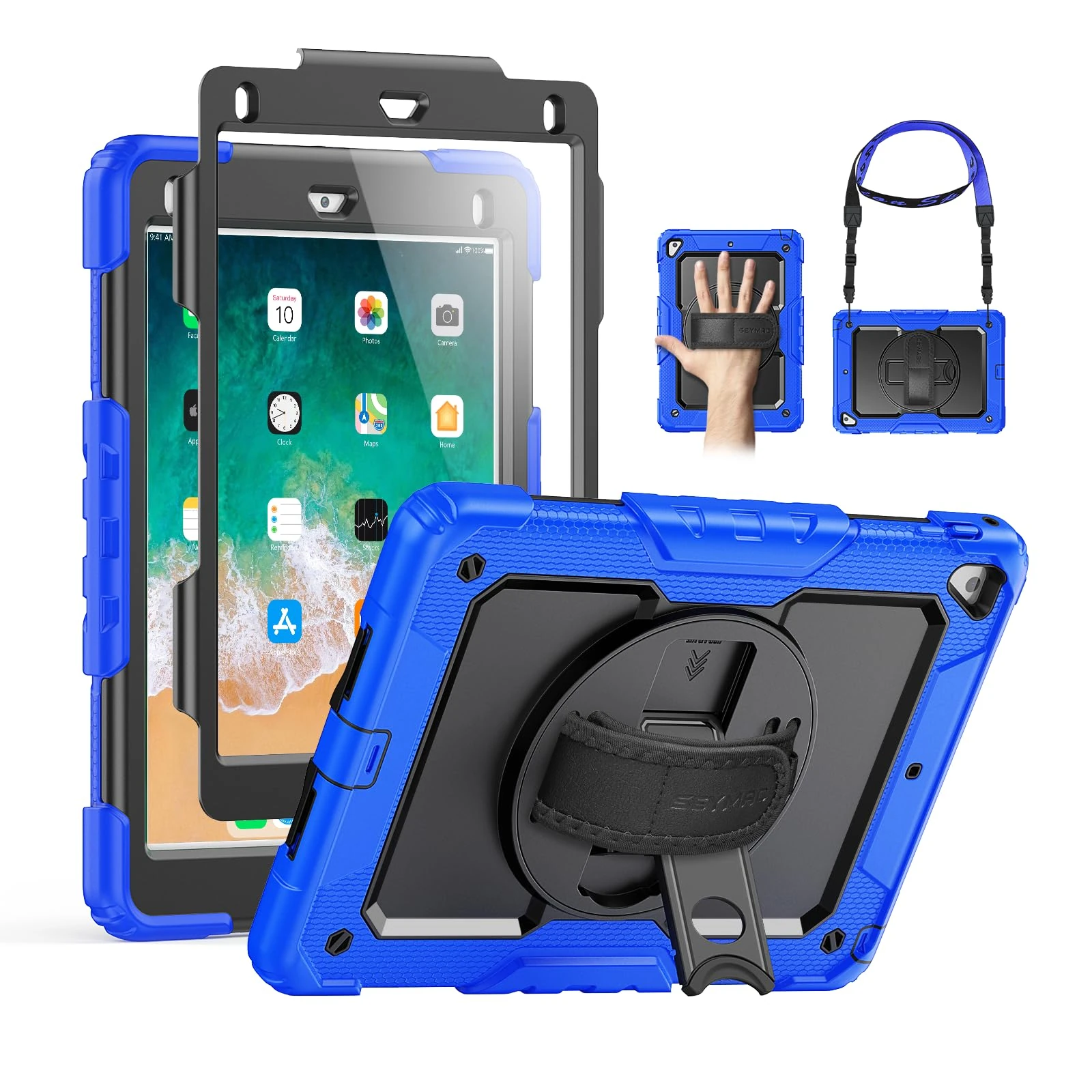 SEYMAC Case for iPad Air 2, iPad 5th/6th Generation, iPad Pro 9.7, Shockproof Protective Case with 360° Degree Stand [Hand & Shoulder Strap] Screen Protector for iPad 9.7 Inch, Blue
