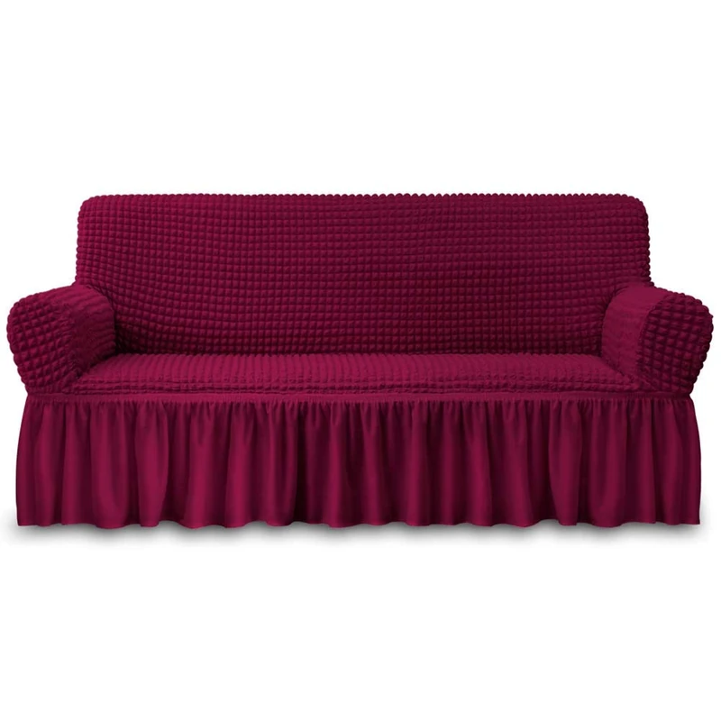 NICEEC Sofa Slipcover Red Sofa Cover 1 Piece Easy Fitted Sofa Couch Cover Universal High Stretch Durable Furniture Protector with Skirt Country Style (3 Seater Wine Red), Large