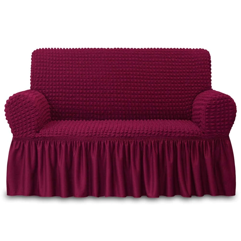 NICEEC Loveseat Slipcover Red Loveseat Cover 1 Piece Easy Fitted Sofa Couch Cover Universal High Stretch Durable Furniture Protector Love Seat with Skirt Country Style (2 Seater Wine Red)