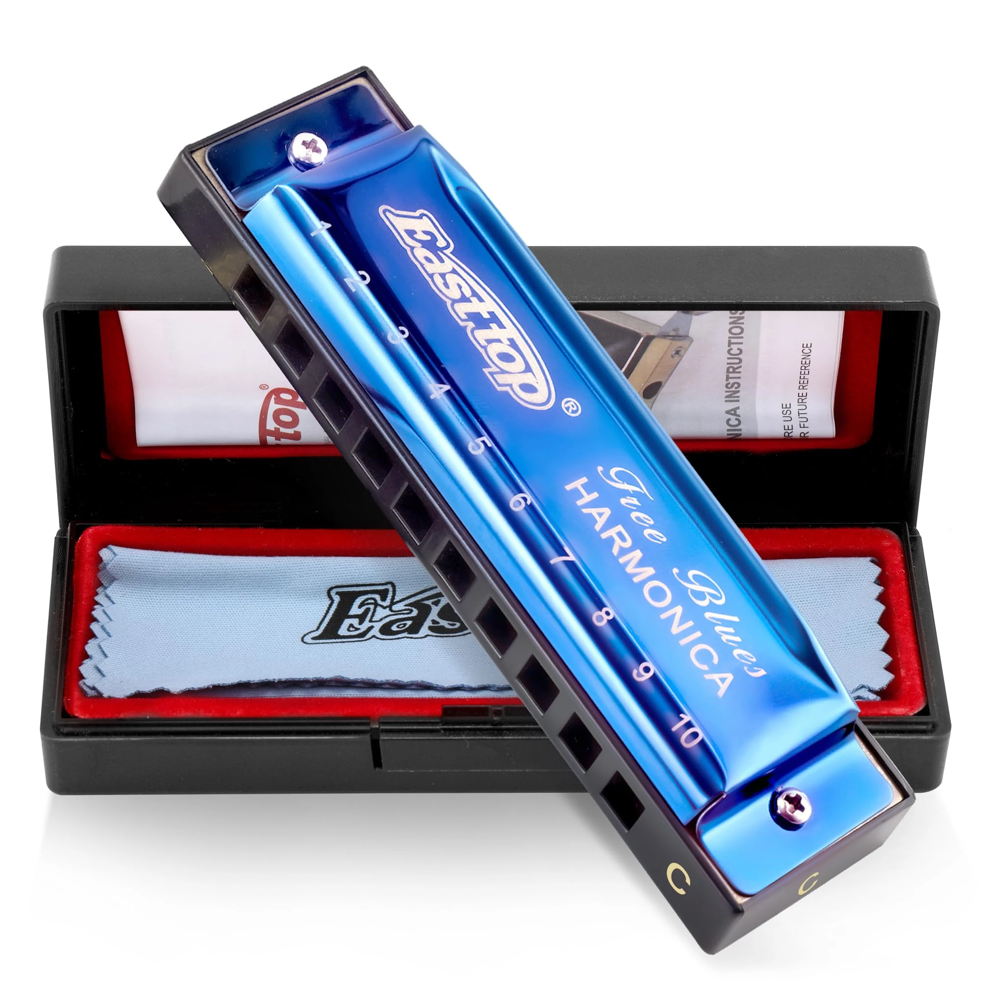 East top Blues Diatonic Harmonica in C, 10 Holes Mouth Organ harmonica for Adults, Harmonica for Beginners, Professional Player and Students