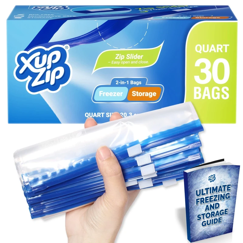 30 x New Food Storage Freezer Bags by XupZip™ | Quart Size Zip Lock | Zip Slider, Airtight & Leak-Proof | Thickest BPA-Free Sandwich Bags