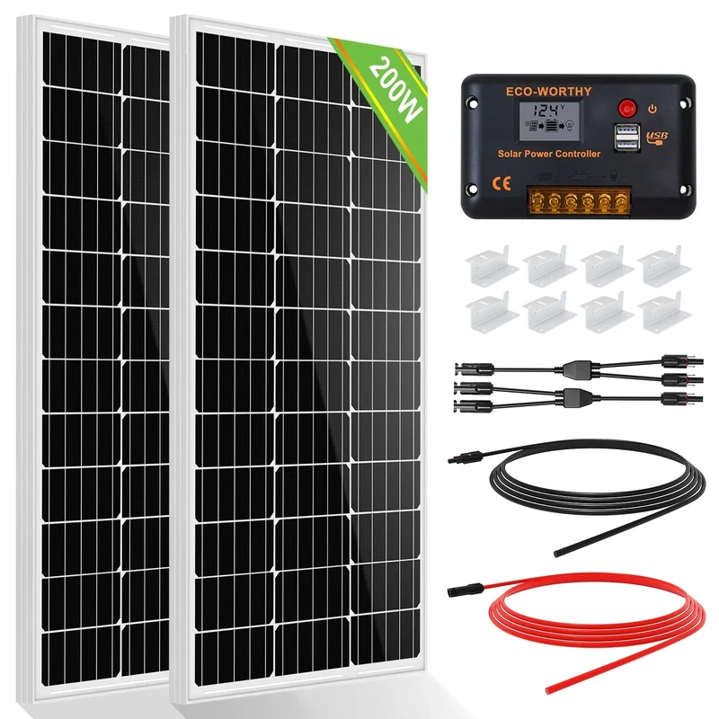 ECO-WORTHY 200 Watt (2pcs 100 Watt) Monocrystalline Solar Panel Complete Off-Grid RV Boat Kit with LCD Charge Controller + Solar Cable + Mounting Brackets