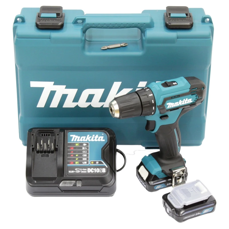 Makita DF333DSAE cordless drill 12 V max./2.0 Ah, 2 batteries + charger in carrying case, black, blue