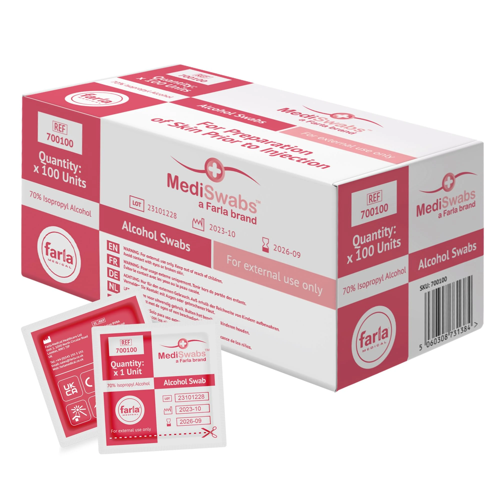 MediSwabs Pre Injection Alcohol Wipes (x100), Antiseptic Wipes with 70% Isopropyl Alcohol Sachets, Individually Wrapped Disposable Wound Cleaning Wipes, First Aid/Medical Use