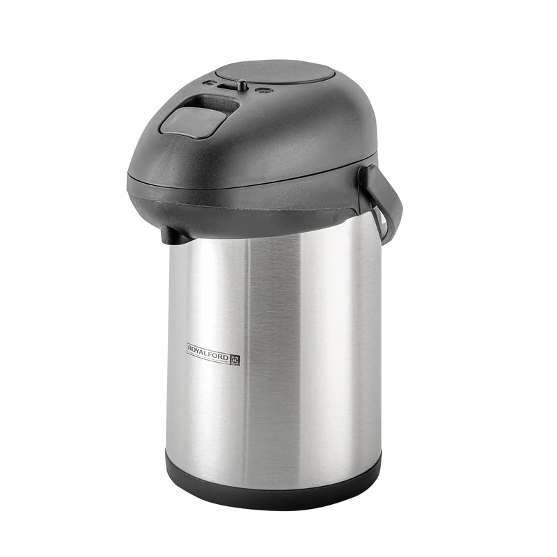 Royalford 5L Stainless Steel Airpot Insulated Vacuum Thermal Flask Jug | Pump Action Airpot Thermal Coffee Flask | Ideal for Hot & Cold Drinks Soup | Extra Strong for Catering Travel Commercial