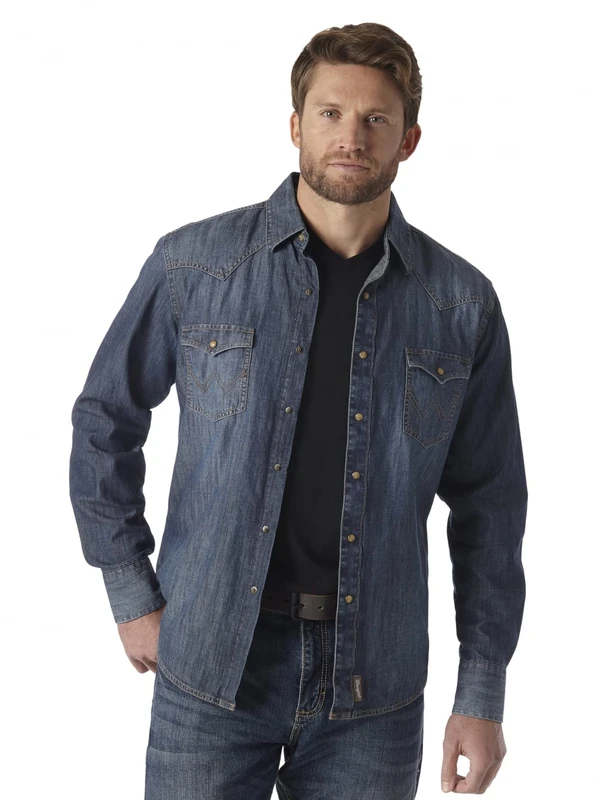 Wrangler Men's Retro Two Pocket Long Sleeve Snap Shirt, Blue Denim, S