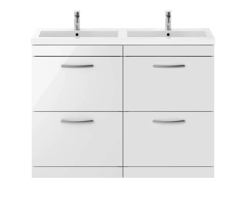 Nuie Modern Floor Standing Bathroom Double Vanity Sink Unit with Soft Close Drawers and Twin Basin, 1200mm, Manufactured Wood, Gloss White